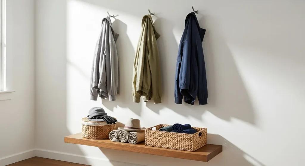 Entryway with baskets and hooks for seasonal storage.