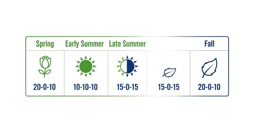  Colorful chart illustrating a lawn fertilizing schedule for spring, summer, and fall.