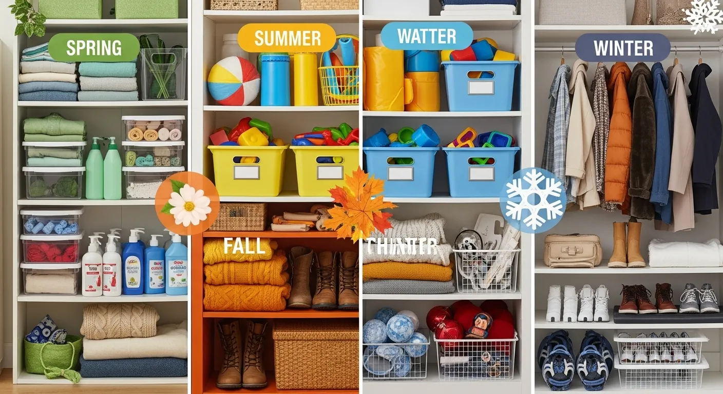 Four-season home organization thumbnail showing spring, summer, fall, and winter storage solutions in organized quadrants