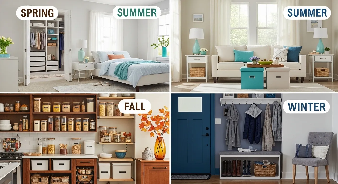 Split-screen home interior showing organized spaces for spring, summer, fall and winter seasonal organization