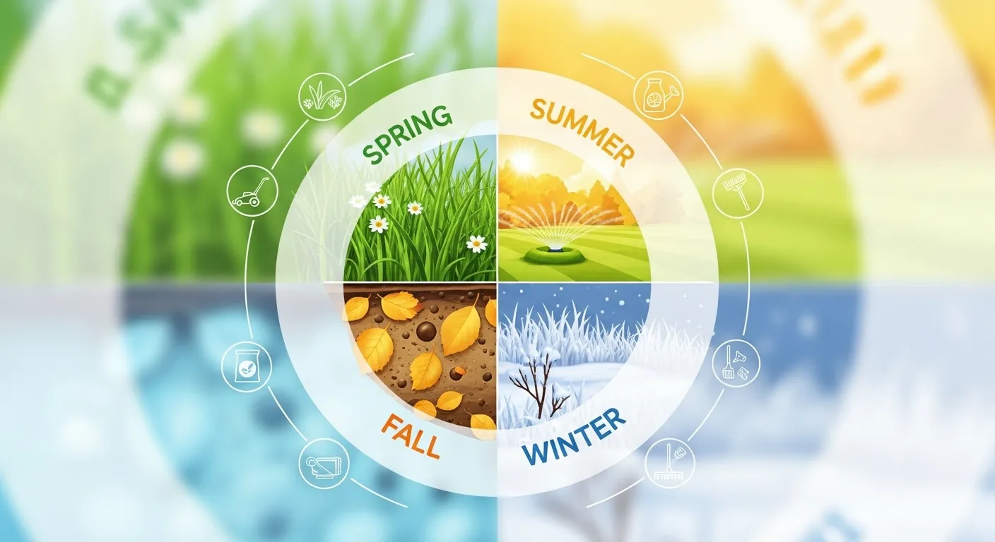 Illustrated seasonal lawn care calendar thumbnail.