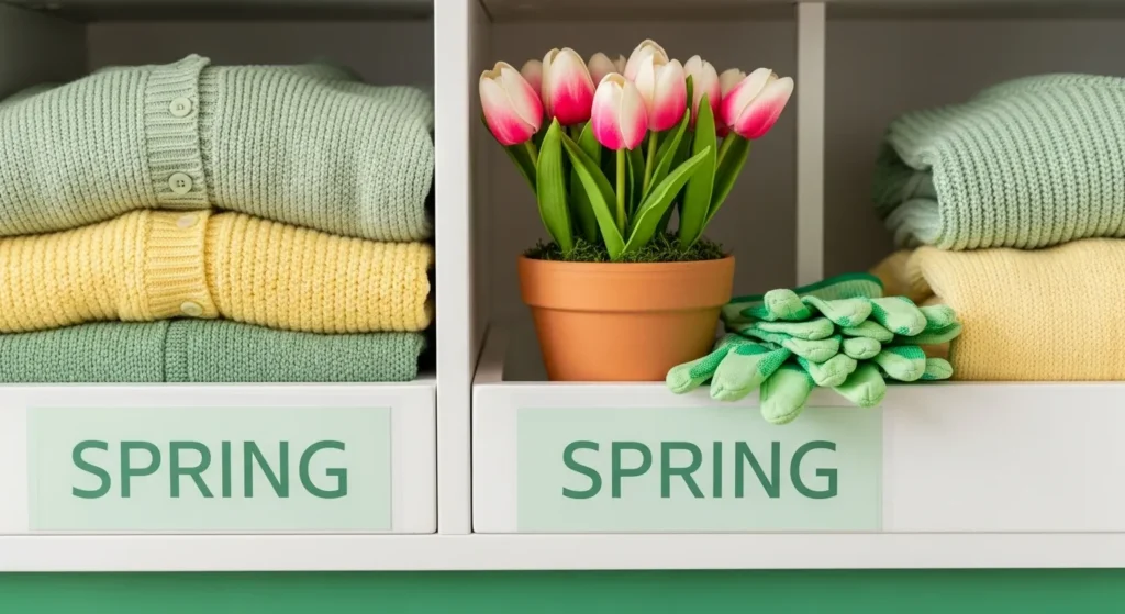 Four-panel comparison showing organized seasonal items for spring, summer, fall, and winter