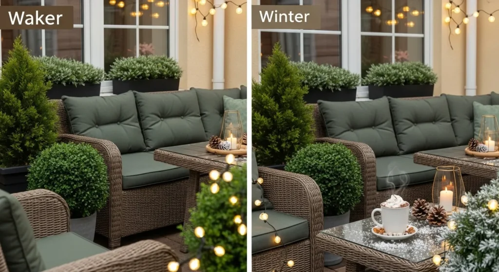 Small patio showing seasonal decorating ideas for year-round use