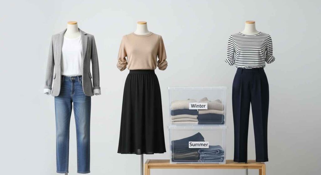 Bins with folded clothes for storage.