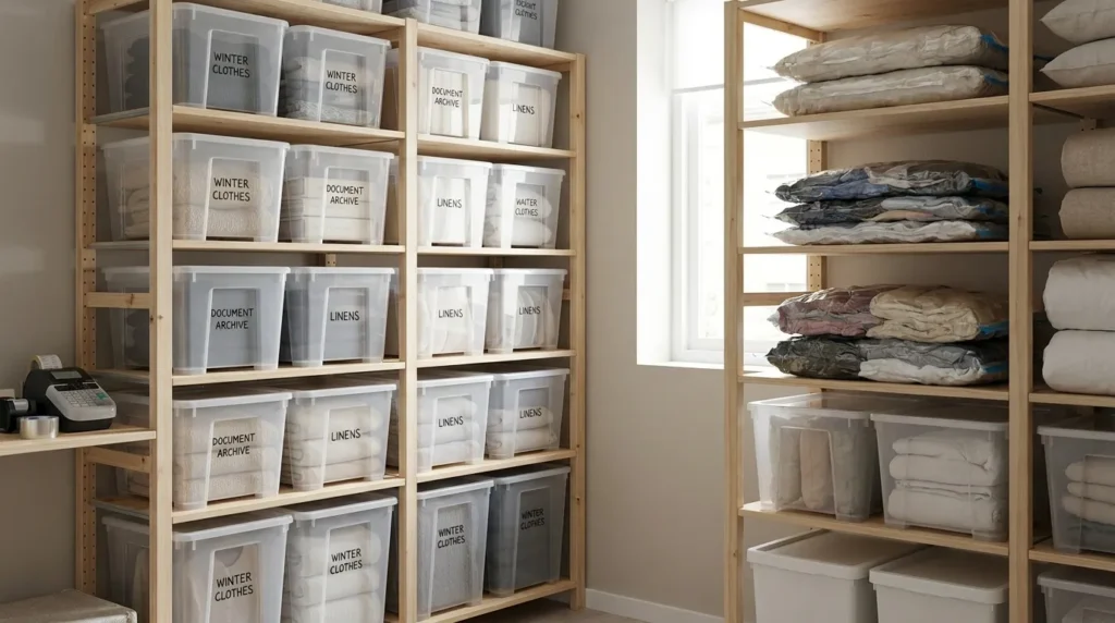Home storage area with labeled clear bins stacked on shelves and vacuum-sealed storage bags for seasonal items.