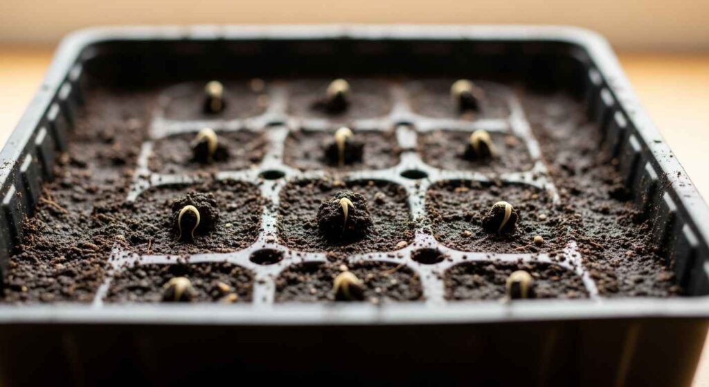 Tray with soil and seeds for propagation.