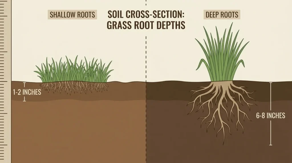 Diagram comparing shallow grass roots from daily watering versus deep roots from infrequent deep watering
