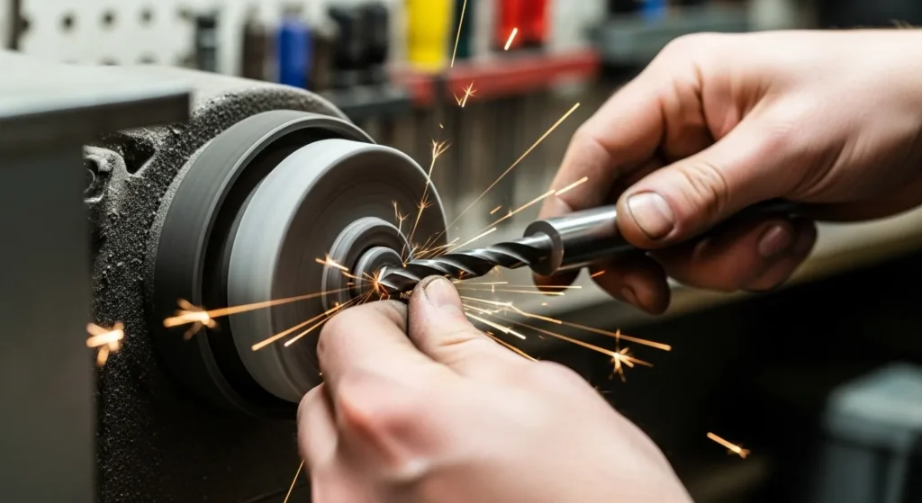 Person sharpening a drill bit with a tool