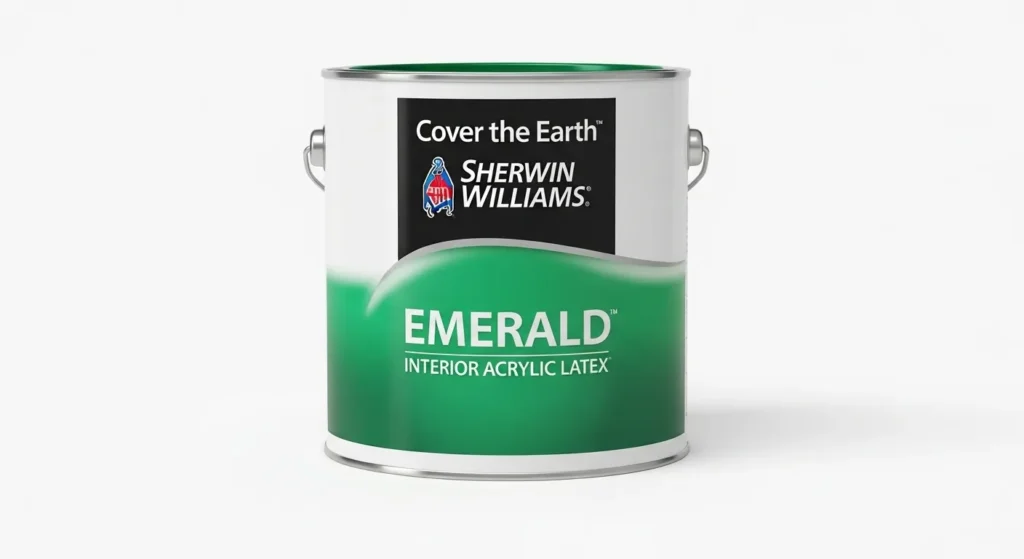Close-up of a Sherwin-Williams Emerald paint can on a clean white background.