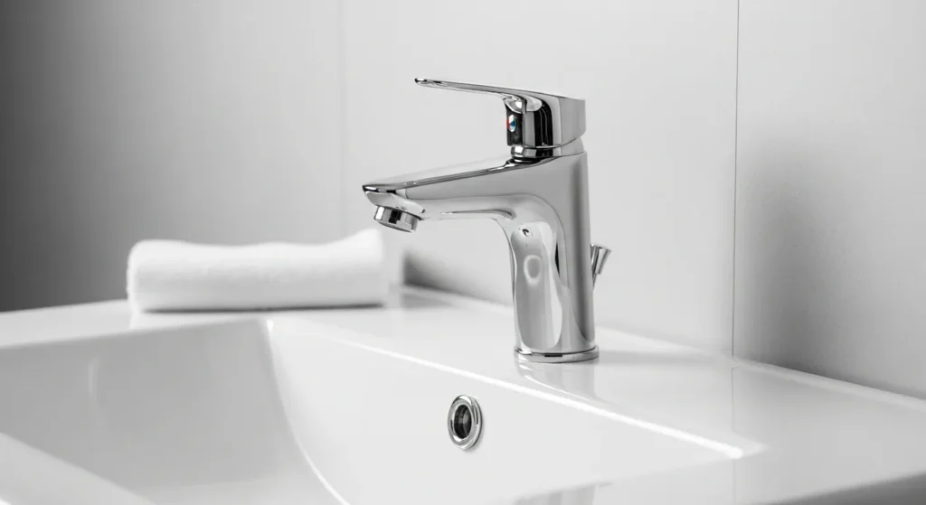 Clean bathroom sink with polished chrome.