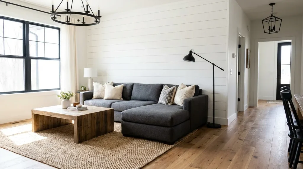 White shiplap accent wall in a modern farmhouse living room with grey sofa