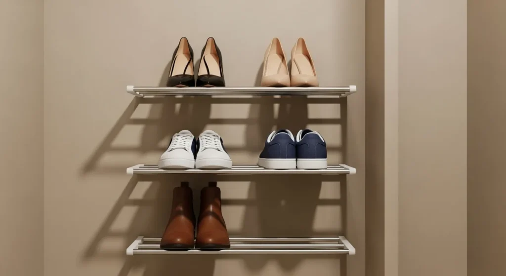 Metal shoe rack in closet with mixed footwear