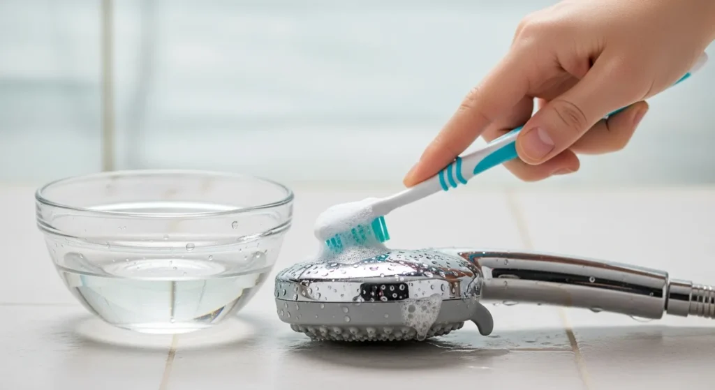 Hand cleaning a showerhead with a toothbrush and vinegar.