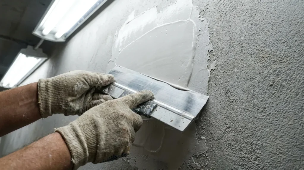 Person applying skim coat of joint compound to textured wall before wallpaper installation