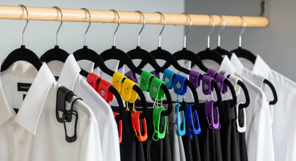Closet rod with velvet hangers cascading pants over shirts