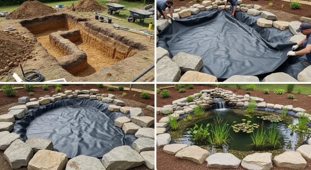 Backyard pond construction stages from hole to finished water feature