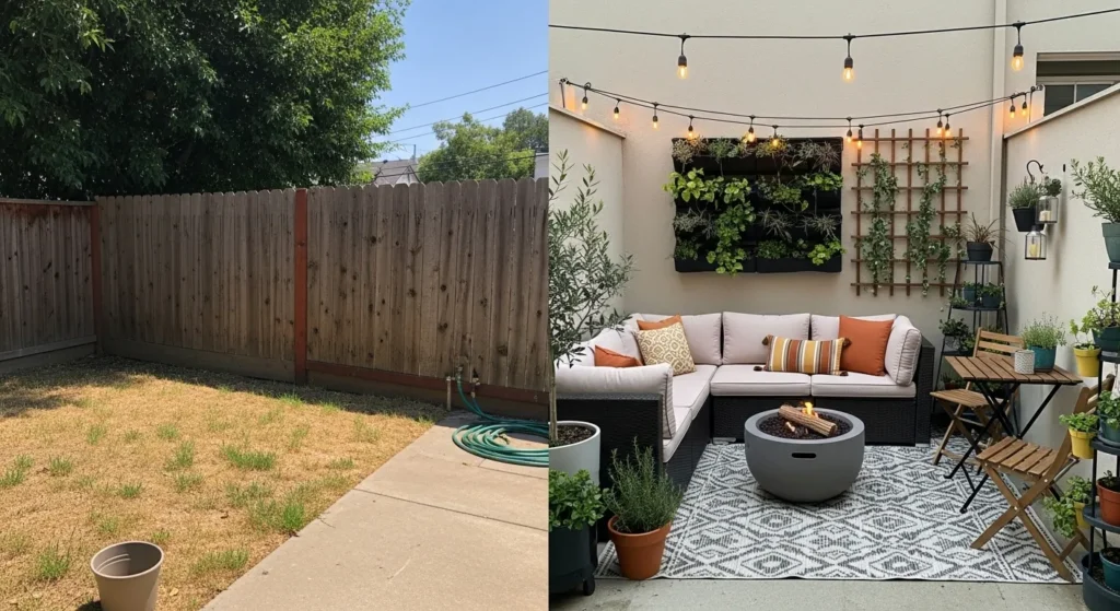 Small backyard before and after makeover showing space maximization