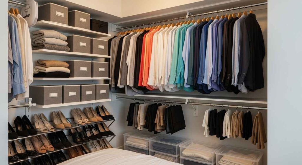 Well-organized small closet with multiple storage solutions