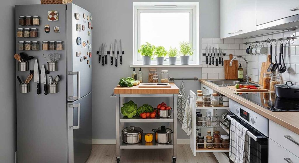Compact kitchen with multiple storage solutions