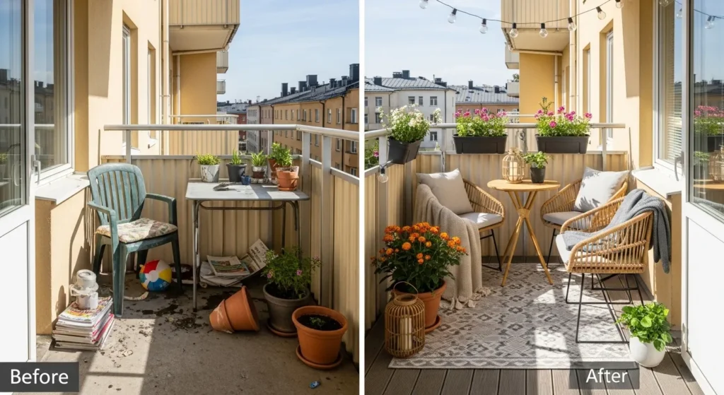 Before and after comparison of small patio design transformation