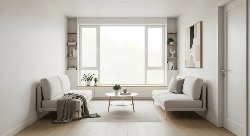 Small room with white walls and light furniture appearing spacious and airy