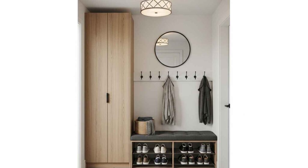 Compact mudroom organization in narrow hallway space
