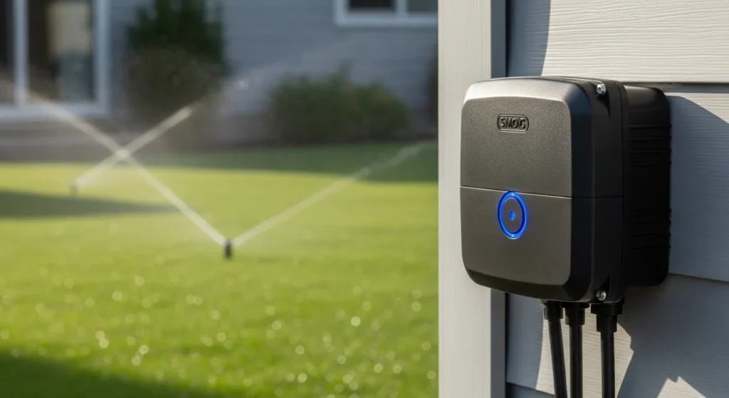 Professional installation of smart irrigation controller on home exterior