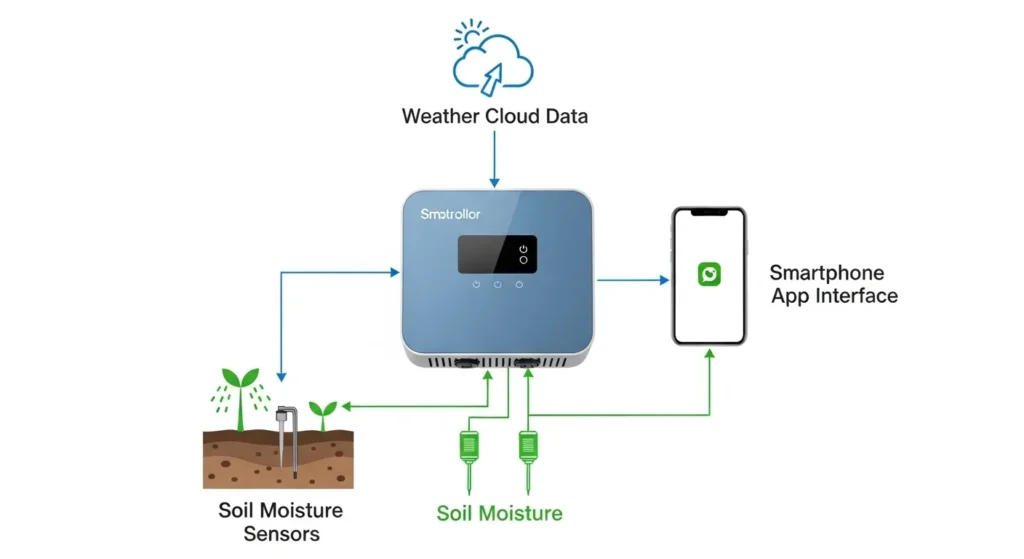 Diagram showing smart irrigation controller connected to weather data, soil sensors, and smartphone app