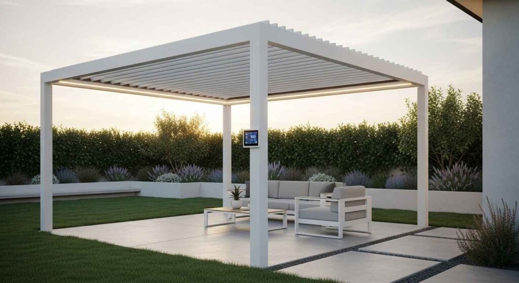 Smart pergola with motorized louvers and LED lighting in modern backyard