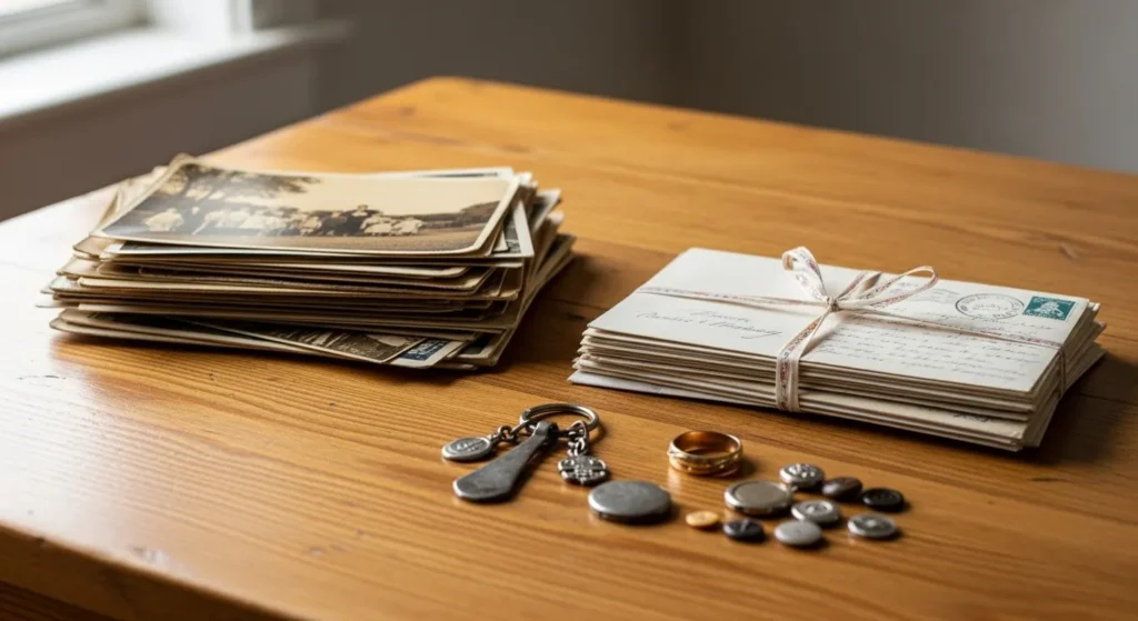 Piles of sorted sentimental items on a table.