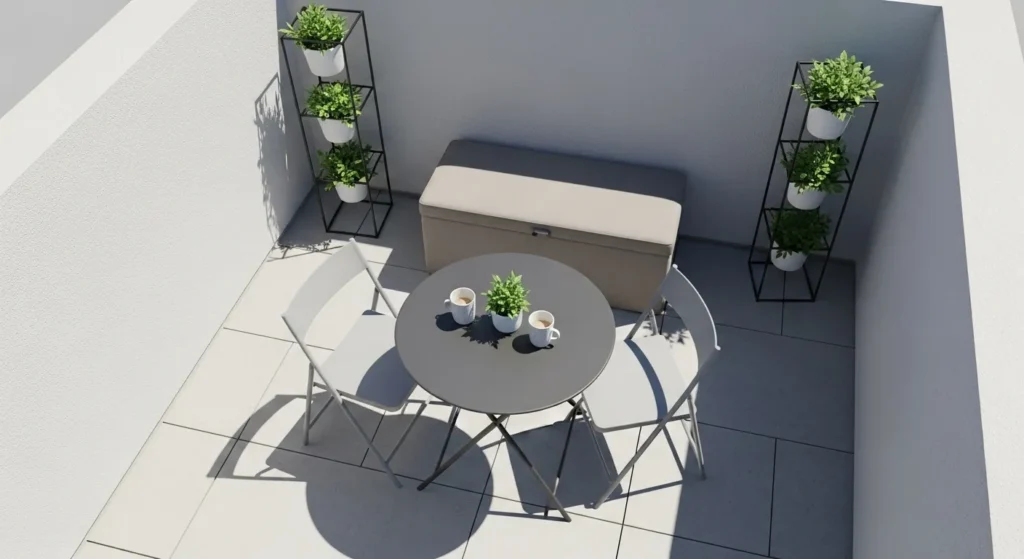 Small patio with space-saving furniture including folding chairs and bistro table