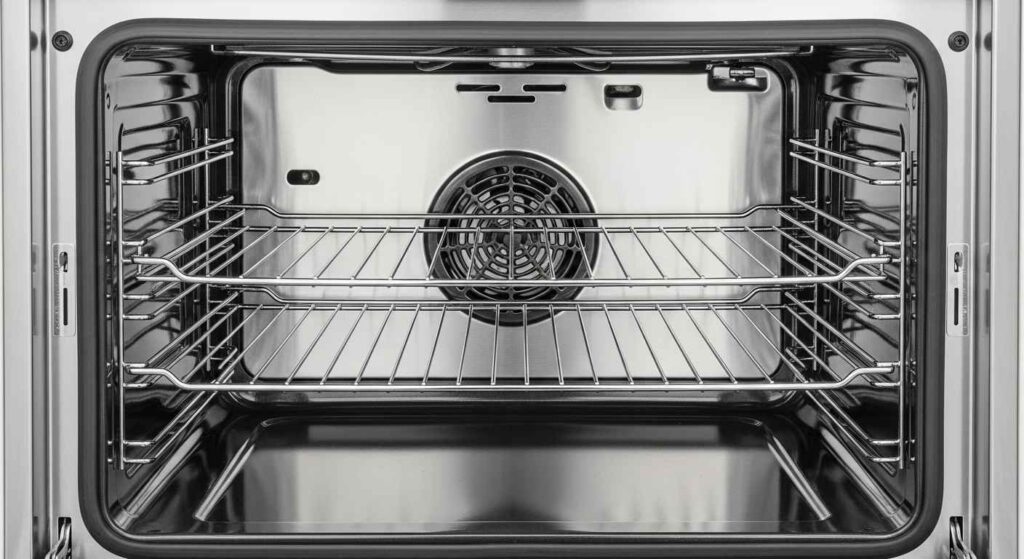 Interior of completely clean oven showing shiny surfaces and clear glass door