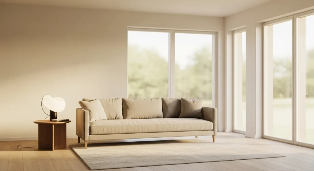 Minimalist living room featuring a sofa, lamp, and empty coffee table.