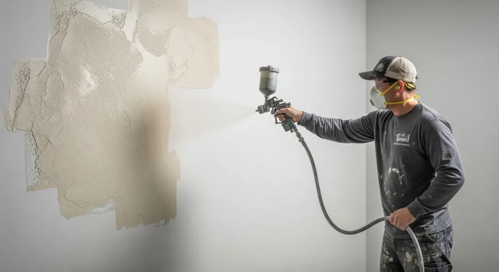 Hand holding spray bottle applying fine textured paint to wall from proper distance