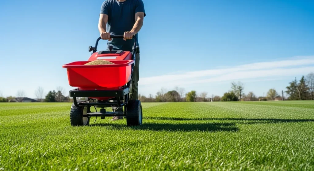 Person pushing a broadcast spreader on a green lawn under sunlight.