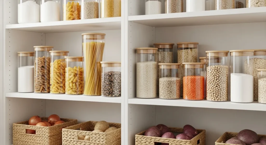 Well-organized kitchen pantry with clear storage containers and category labels
