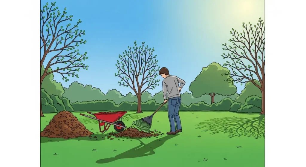 Person raking dead grass on a lawn in early spring.