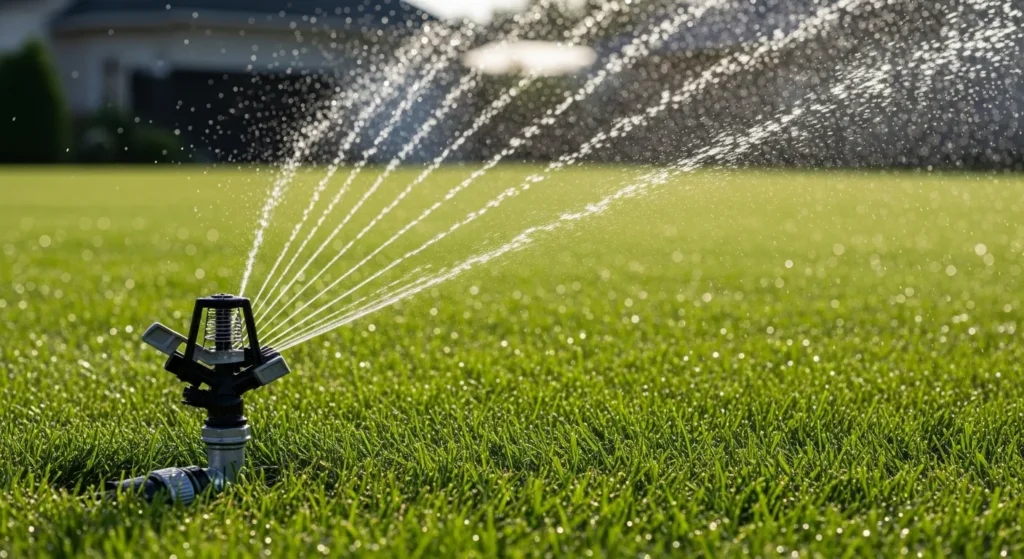 Automated sprinkler watering a healthy green lawn with efficient water distribution