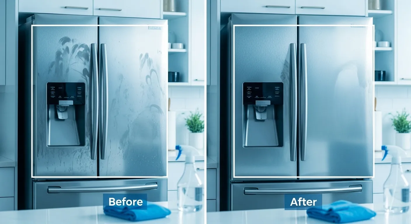 Before and after cleaning stainless steel fridge.