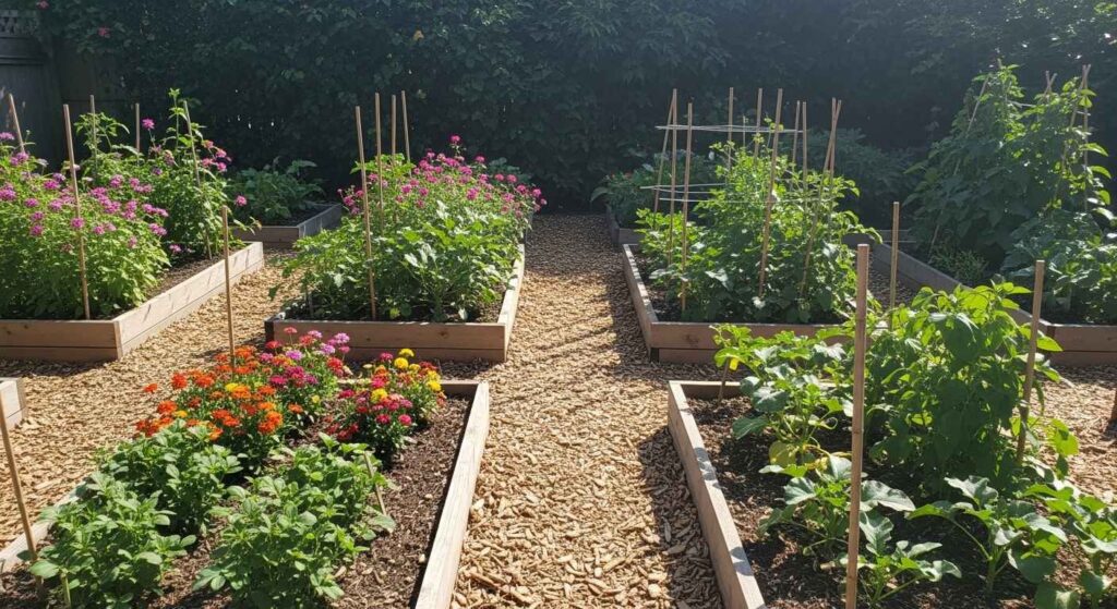 Backyard garden with companion plants in raised beds.