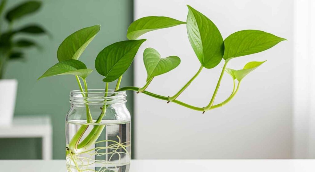 Pothos stem with roots in a glass jar.