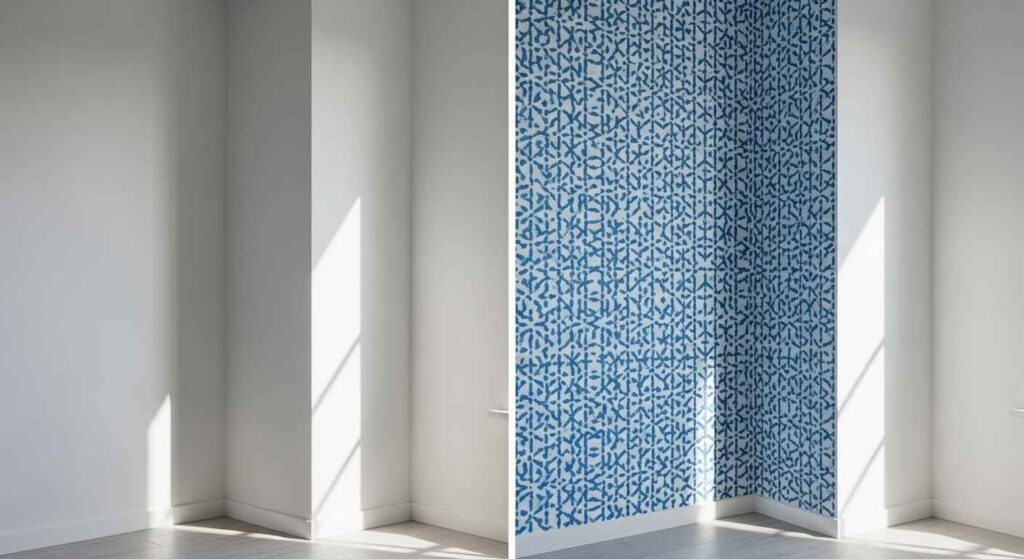 Supplies for DIY stencil wall art, including stencil, roller, tape, and level.