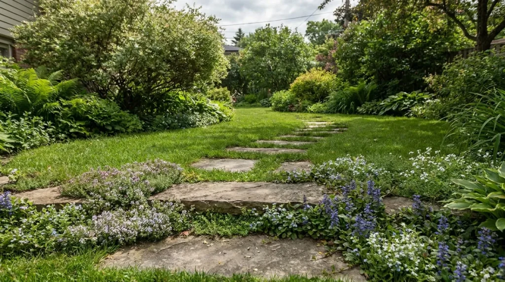 DIY natural stepping stone garden path through green backyard lawn