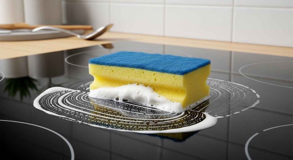 Cleaning grease from stovetop with sponge.