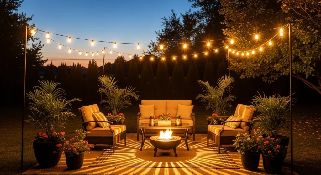  Backyard patio illuminated by warm string lights creating cozy evening atmosphere