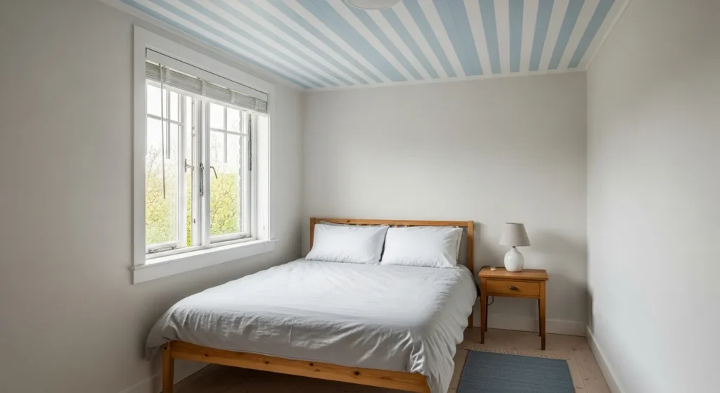Blue and white striped ceiling in small bedroom.