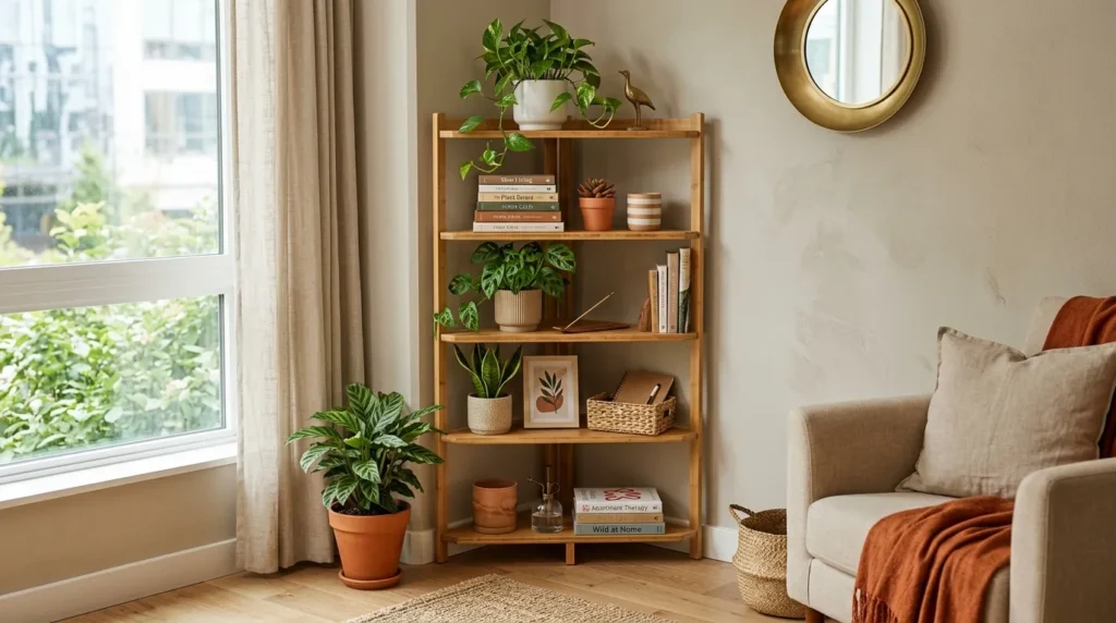 Five-tier corner shelf in studio apartment corner holding plants and books