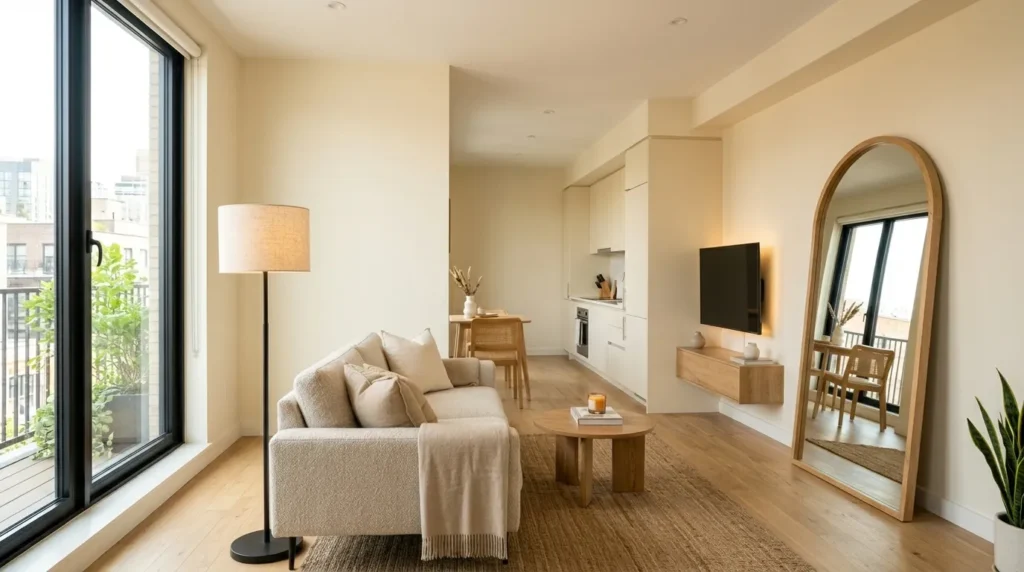 Studio apartment with warm color palette, full-length mirror, and three-layer lighting setup