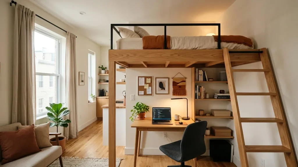 Loft bed in studio apartment with home office desk and shelving below