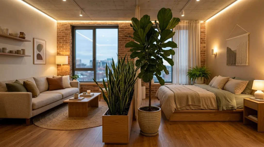 Row of snake plants and fiddle leaf fig dividing living and sleeping zones in a modern studio apartment